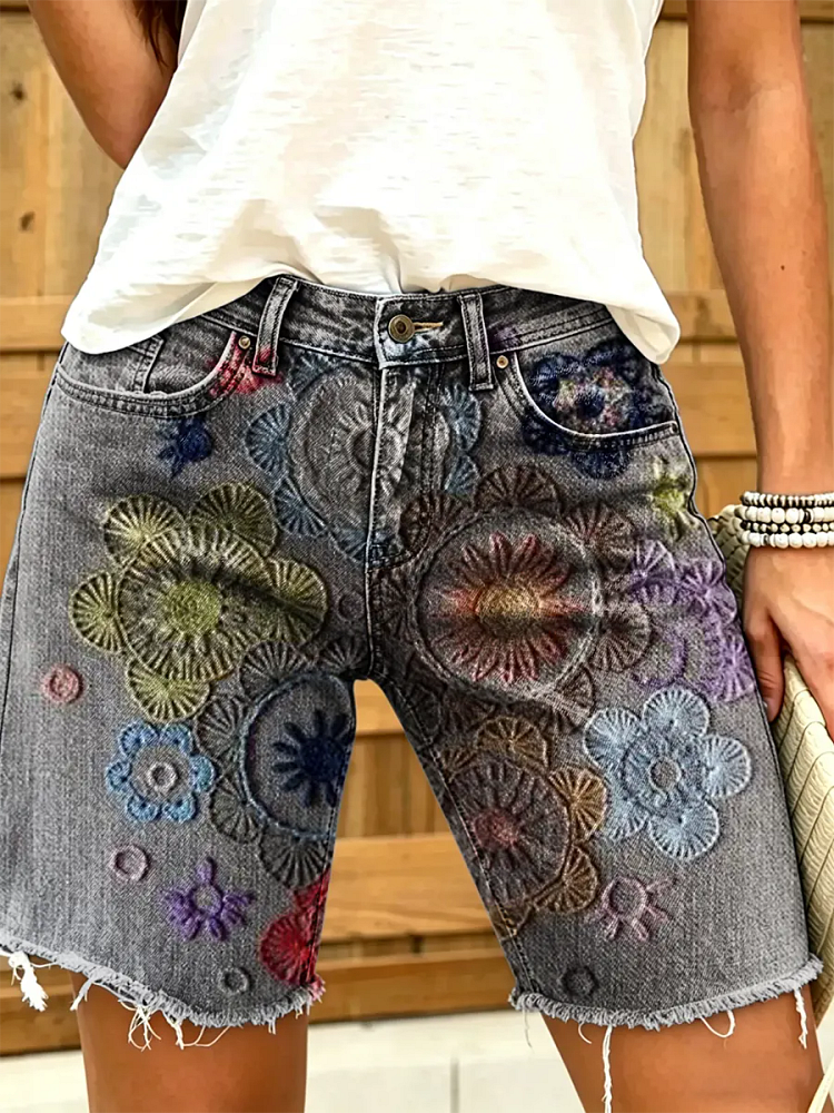 Women's Colorful Striped Floral Print Denim Shorts