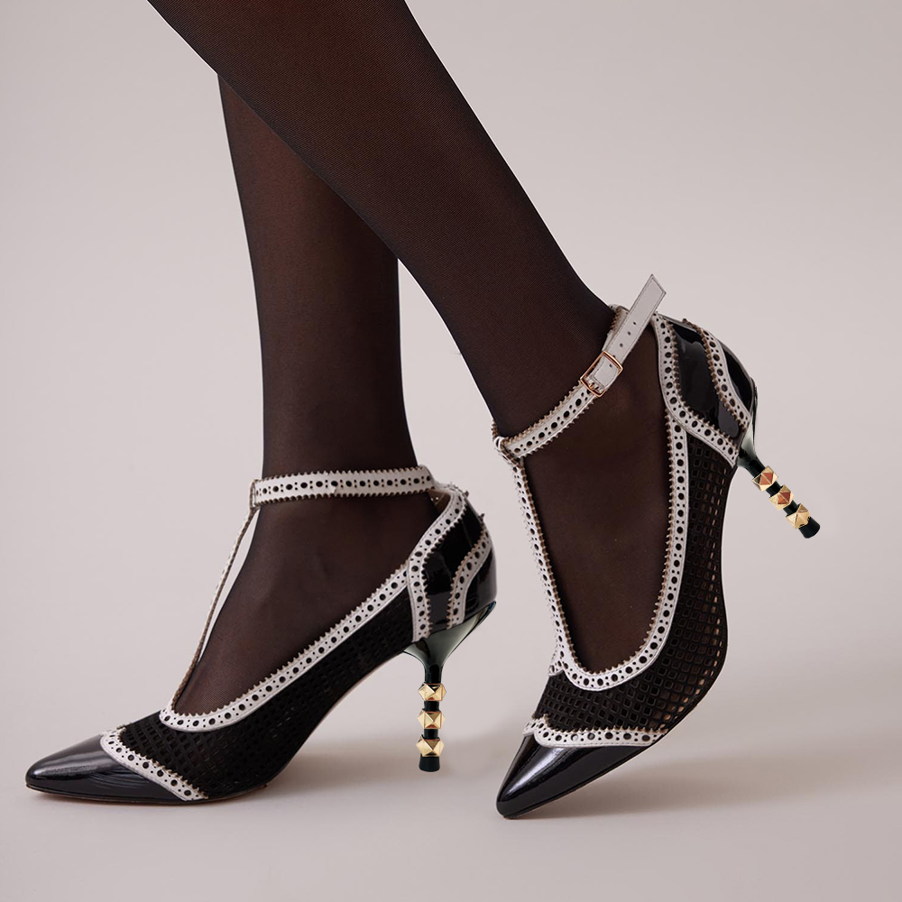 Black & White Mesh Closed Toe 3'' Stiletto Heel T-Strap Pumps Nicepairs