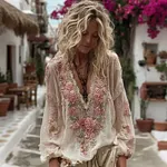 Women's Vintage Pink Floral Art Pattern V-neck Long Sleeve Blouse - Image 2