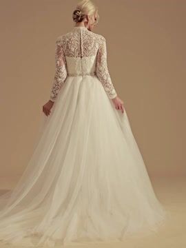 High Neck Muslim Long Sleeves A Line Wedding Dresses with Beaded Belt Tulle Bridal Gowns