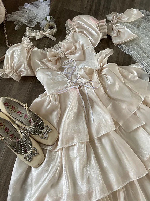 Sweet Lolita One Piece Dress Short Sleeves Bows Pleated Ruffles Lolita Dress Novameme