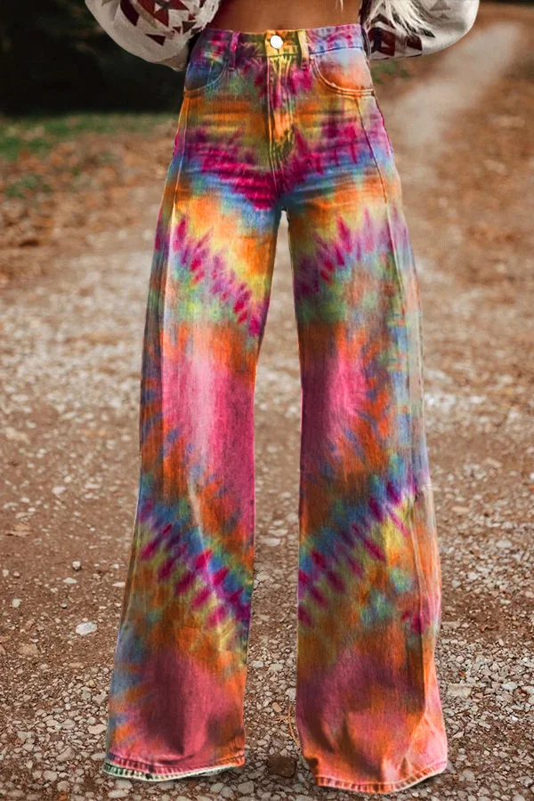 Women's Retro Tie-Dye Heart Casual Wide-Leg Pants