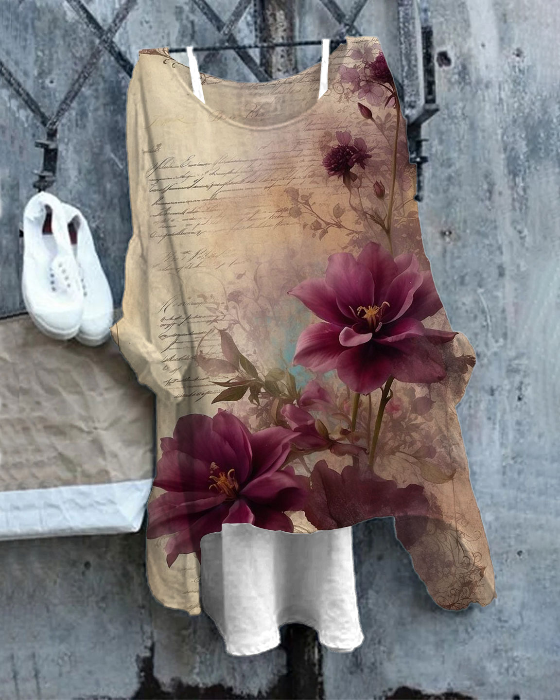 Women's Vintage Flower Print Linen Blend Flowy Tunic