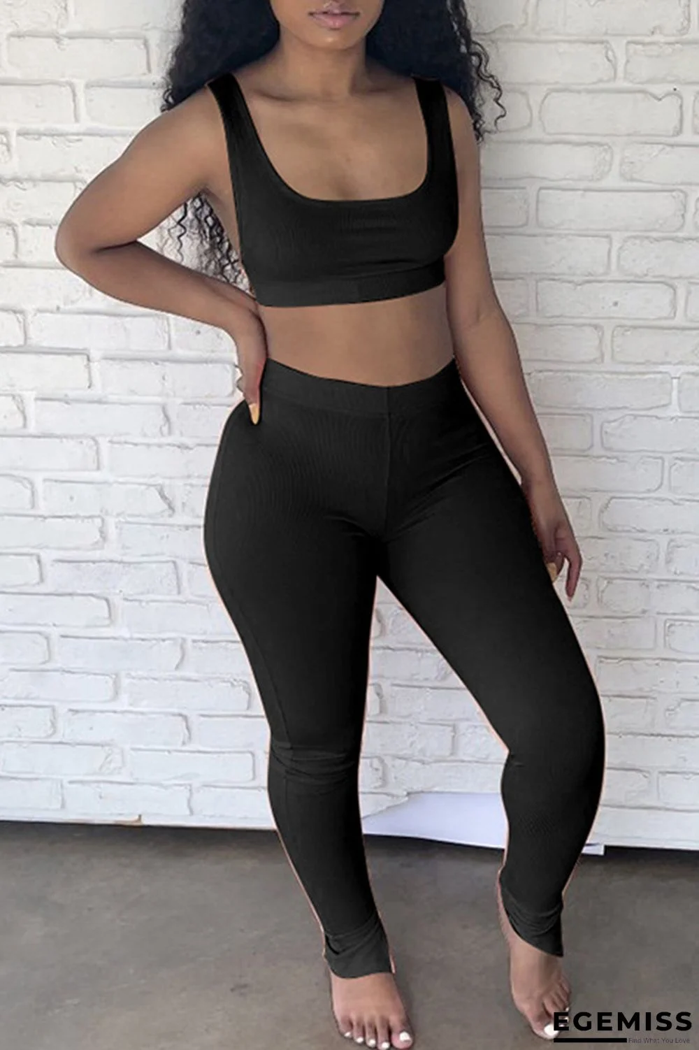 Black Casual Sportswear Solid Vests Pants U Neck Sleeveless Two Pieces | EGEMISS