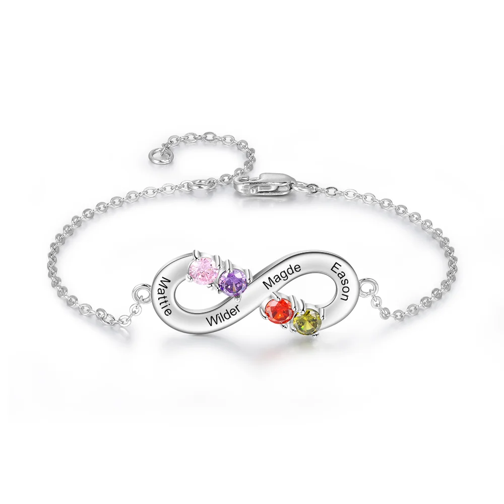 925 Sterling Silber Personalisiertes Armband mit 4 Namen und 4 Geburtssteinen Kettenmachen