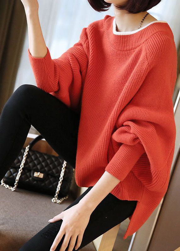 VCSHOES Red Chunky Oversized Knitted Top Batwing Sleeve