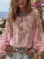 Vintage Pink Floral Embroidered Round Neck Linen T Shirt