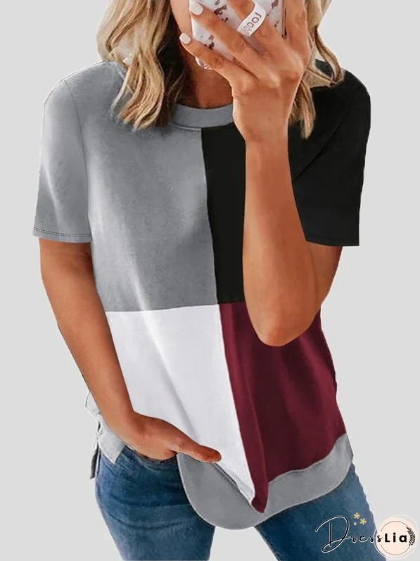 T-Shirts Casual Color Matching Round Neck Short Sleeve T-Shirt for Women