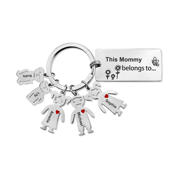 Personalized Family Keychain Custom 5 Names for Kid and Pet Charms