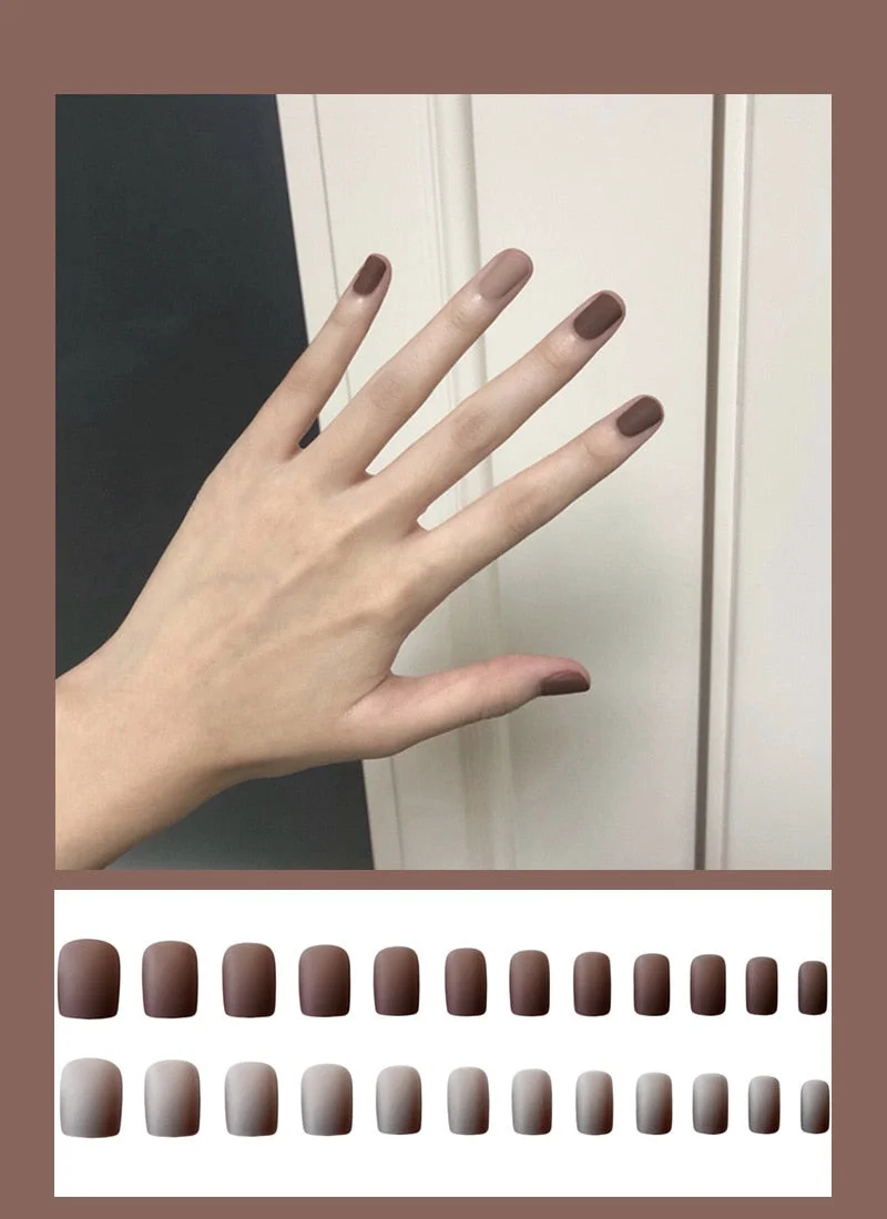 24pcs Dark Coffee Fake Nails Orange And Yellow Two-tone Matte Polish False Nail Patch Round Ballet Nail Tips Glue Wear Manicure-Nail Inspo