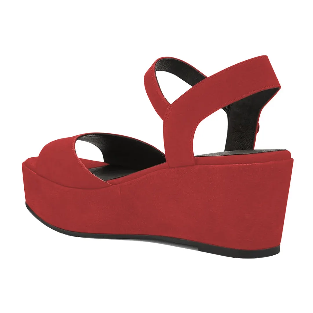 Vegan Suede Ankle Strap Open Toe Platform Heel Sandals in Red