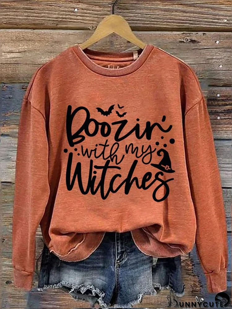 Women's Halloween Boozin With My Witches Printed Round Neck Long Sleeve Sweatshirt