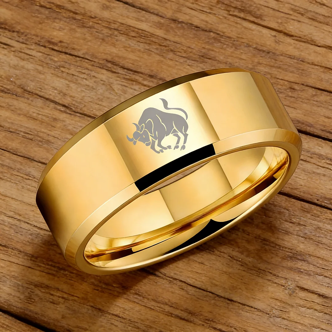 Mens Womens Gold Taurus Tungsten Carbide Rings Gold Edges and Laser Etched Wedding Bands Comfort Fit 4MM 6MM 8MM