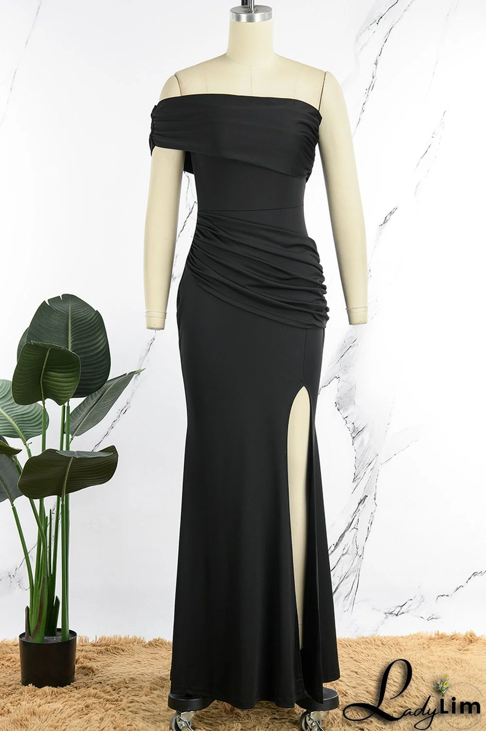 Tibetan Blue Sexy Elegant Solid Patchwork Slit Asymmetrical Off the Shoulder Evening Dress Dresses