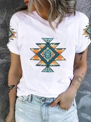 Womens Aztec Tribal Southest Blue Pattern Crew Neck Short Sleeve T-Shirt