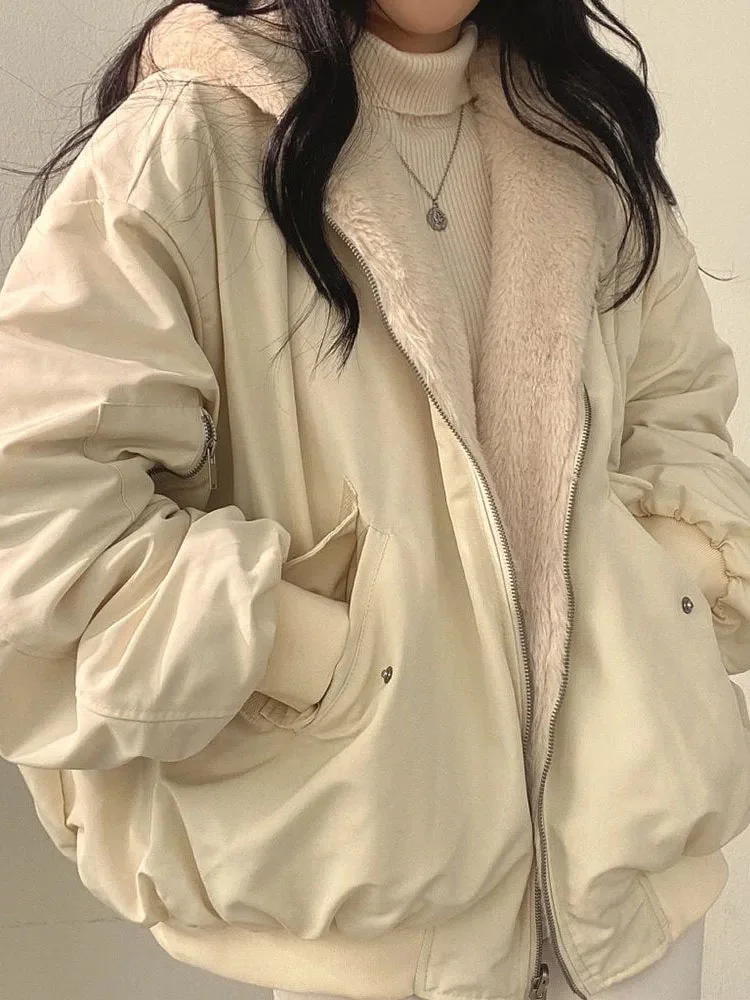 Oocharger Streetwear Thick Warm Women Cotton Parkas Oversize Korean Fashion Double Sided Winter Coat Solid Harajuku Zipper Jacket