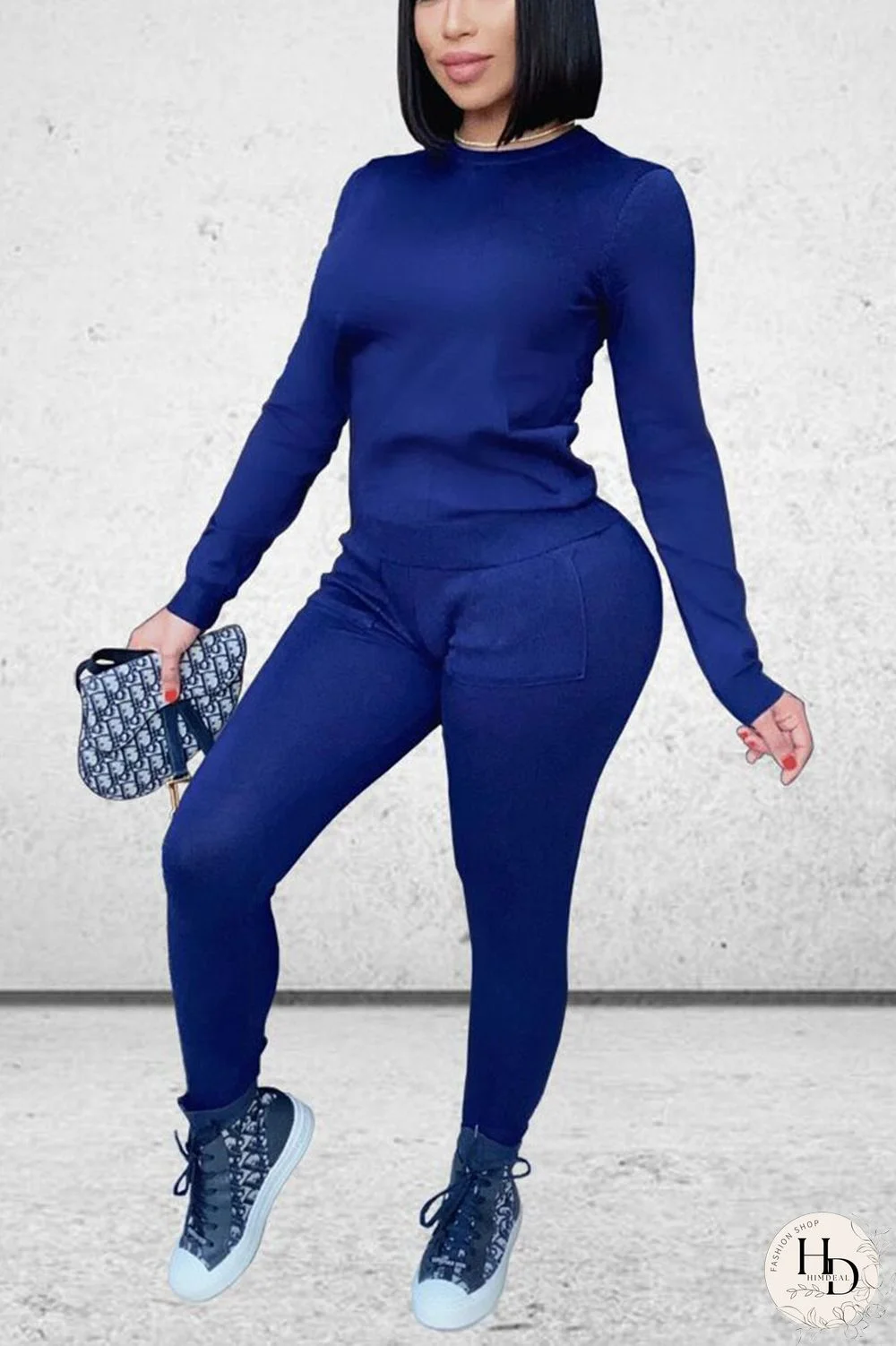 Royal blue Daily Solid Split Joint Pocket O Neck Long Sleeve Regular Sleeve Regular Two Pieces