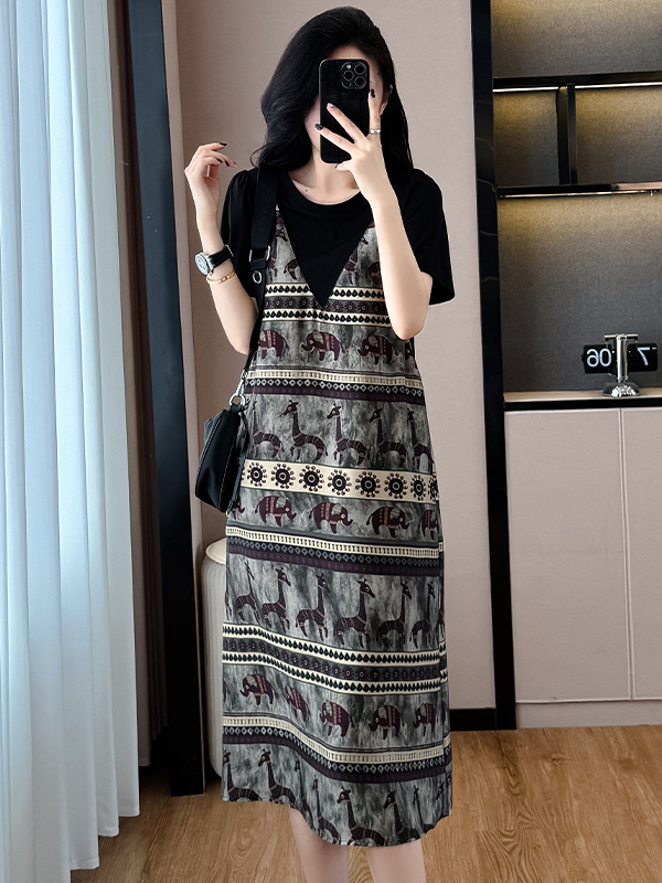 Animal Pattern Striped Strap V Neck Bohemian Midi Dress