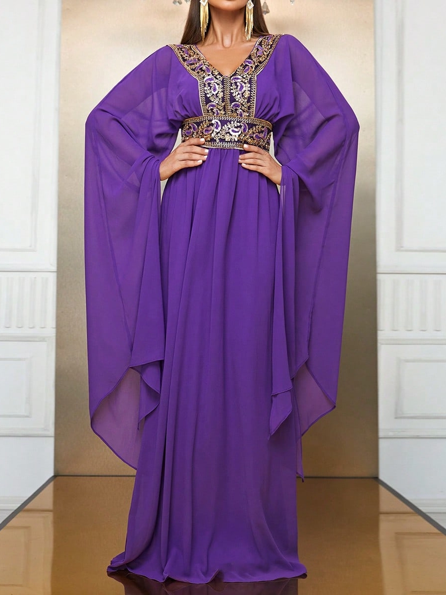 Women's Chiffon V-neck Wide Long-sleeved Indian Ethnic Style Tunic Holiday Dress | Oxredo Shop Ramadan Sale