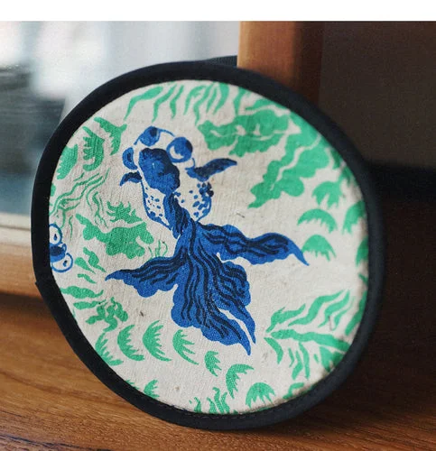 Chinese Style Grid Hand-Woven Blue Goldfish Coaster Double-Sided Quilted Table Mat Cup Mat