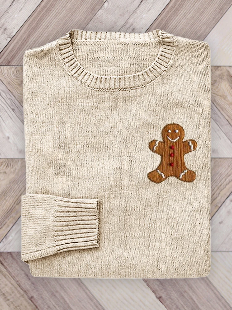 Christmas Gingerbread Embroidery Art Cozy Knit Sweater