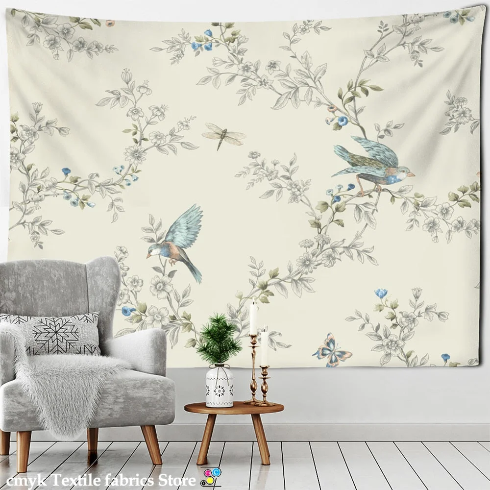 Ink Flower And Bird Painting Tapestry Wall Hanging Bohemian Style Psychedelic Living Room Background Cloth Home Decor
