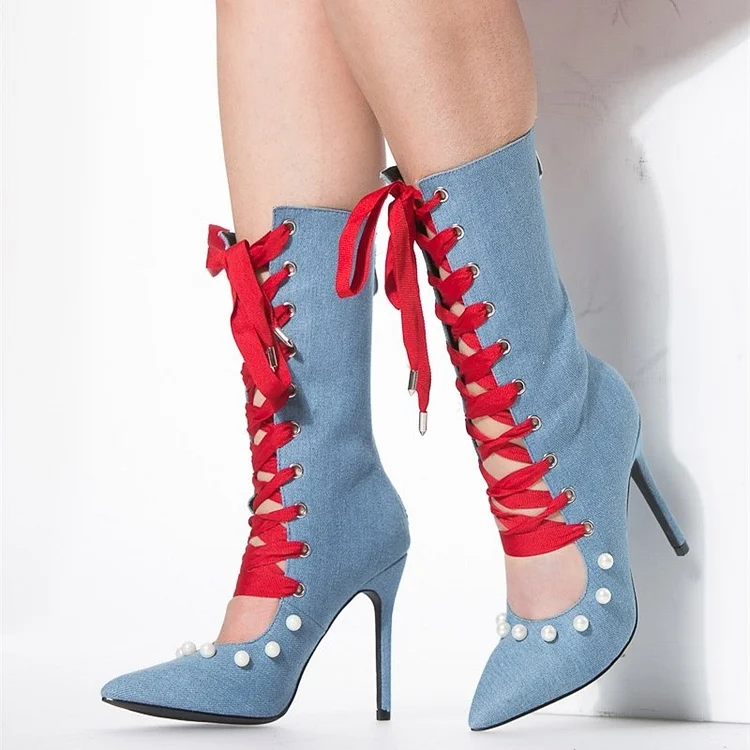 Denim Pearl Lace-Up Pointy Toe Stiletto Boots Vdcoo
