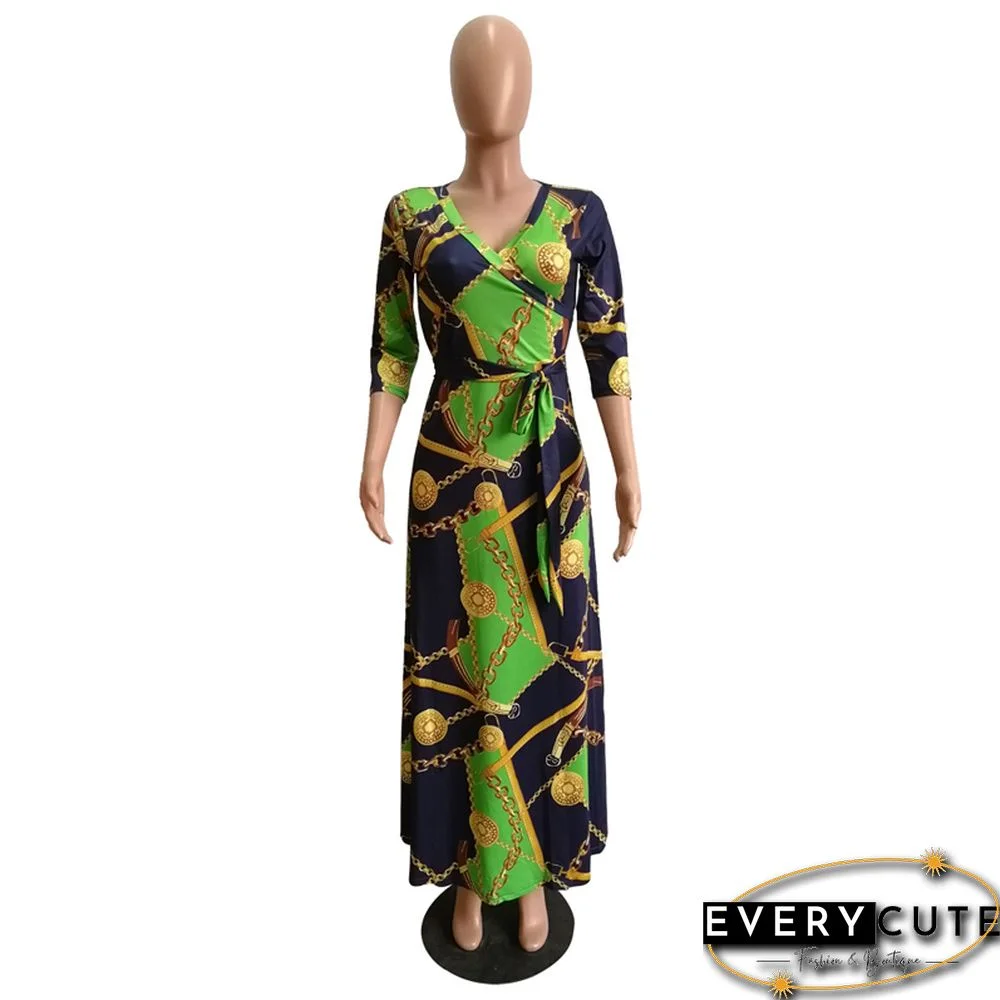 Green V Neck Bohemia Print Maxi Dress