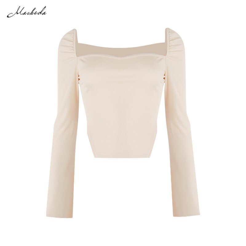 Macheda Autumn Knitting Sexy T Shirt Women Slim Long Sleeve Square Collar Clothing Fashion Lady Streetwear Solid Top 2020 New