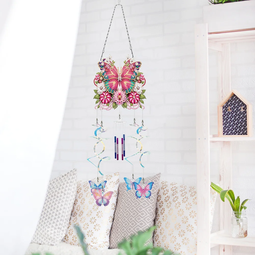 DIY Flower Butterfly Double Sided Diamond Painting Wind Chime for Window Decor