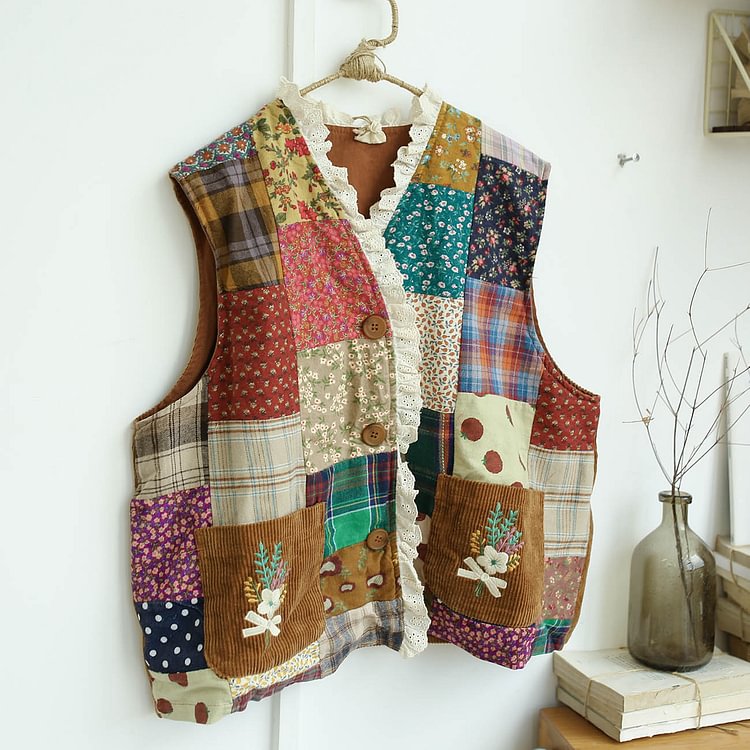 Queenfunky cottagecore style Autumn Vintage Patchwork Corduroy Vest QueenFunky