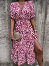 Floral-Print Short Sleeves Bohemia Maxi Dress