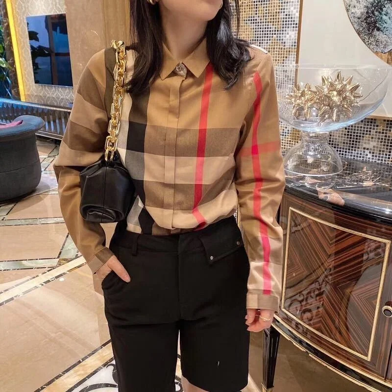 High Quality Plaid Women Shirt 2021 New Autumn Office Lady Button Turn Down Collar Popular All-match Thin Blouse Bottoming Shirt