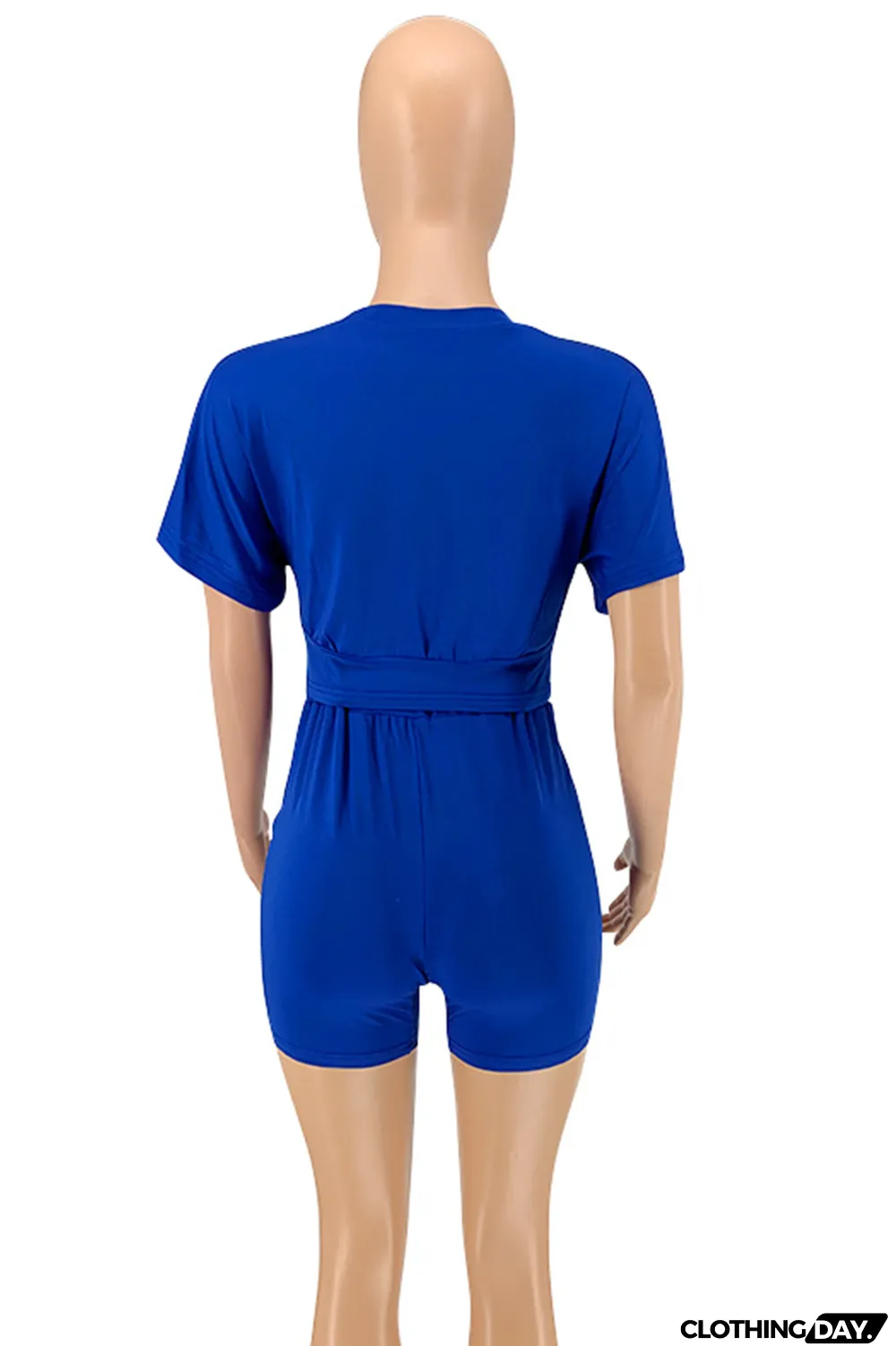 Blue Casual Solid Split Joint O Neck Short Sleeve Two Pieces