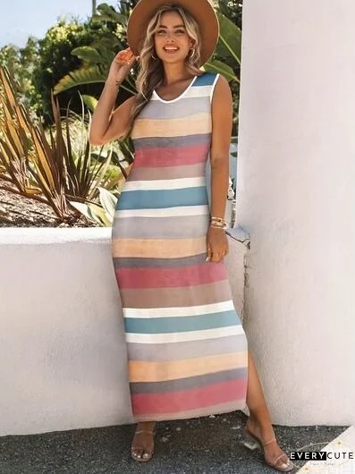 Slit Striped Round Neck Sleeveless Dress
