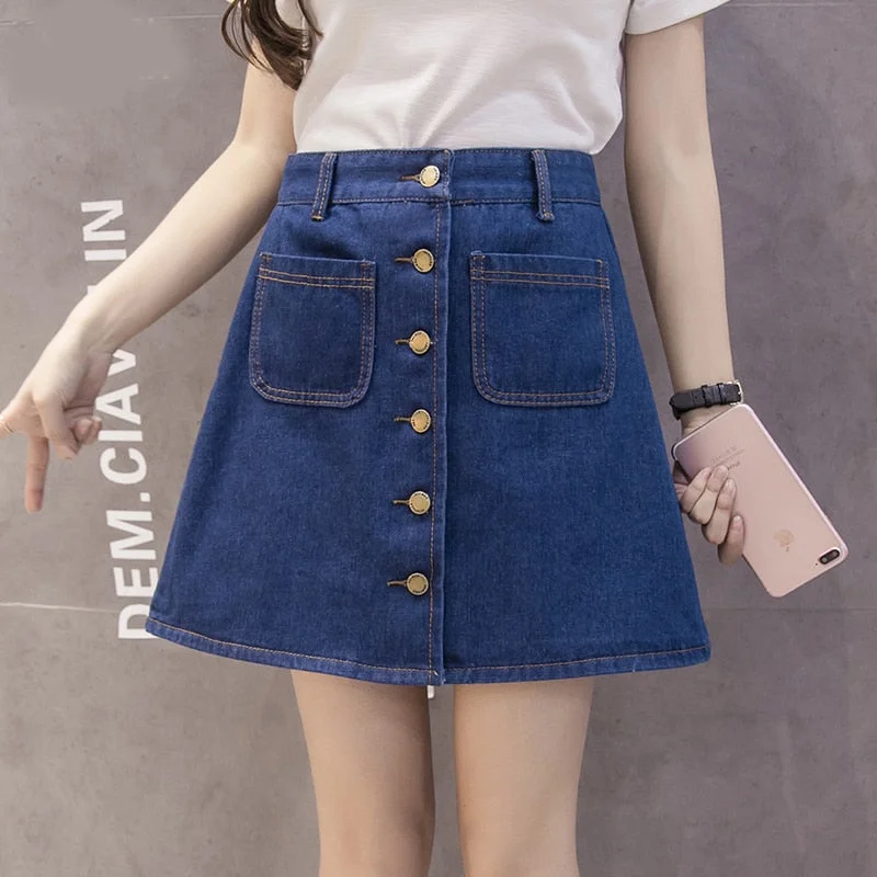 Zoki Vintage Women Denim Mini Skirt Summer High Waist A-line Korean Single Button Female Jeans Harajuku Cotton Street Wear 2020