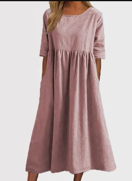 Brownm Brownm Cotton-Sleeved Short-Sleeved Pocket Folded Loose Round-Neck Dress In Summer 2025