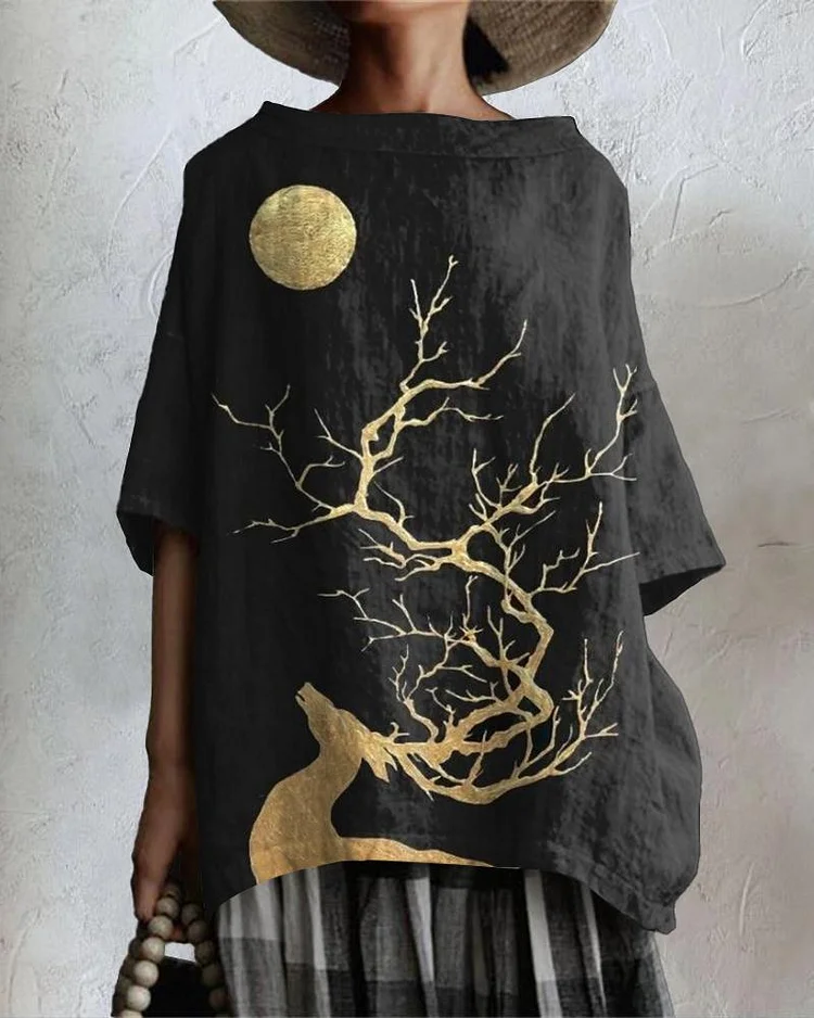 Golden Sika Deer Full Moon Cotton And Linen Tunic Shirt