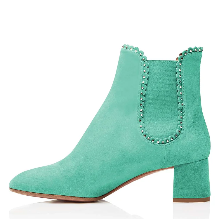 Cyan Vegan Suede Studs Chelsea Boots Chunky Heel Ankle Boots |FSJ Shoes
