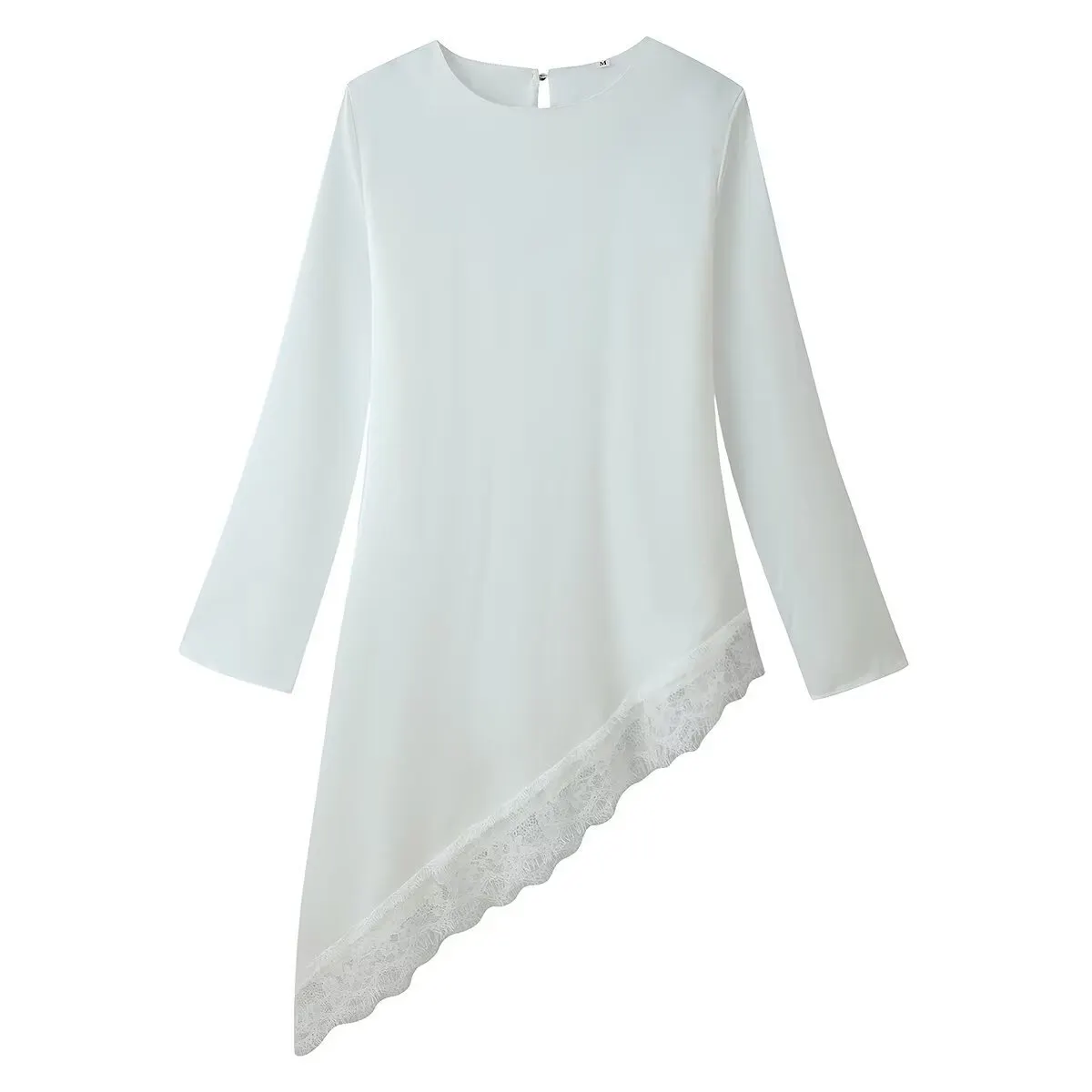 Solid Round Neck Long Sleeve Mid Waist Ruched Lace Splicing Irregular Midi Dress