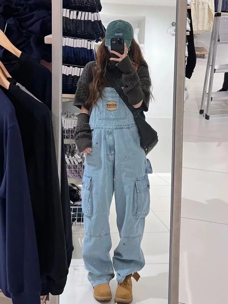 Cool Girl Style Embroidered Spicy Ink Denim Strap Jumpsuits Women's Autumn/Winter Large Loose and Slim Retro One Piece Pants