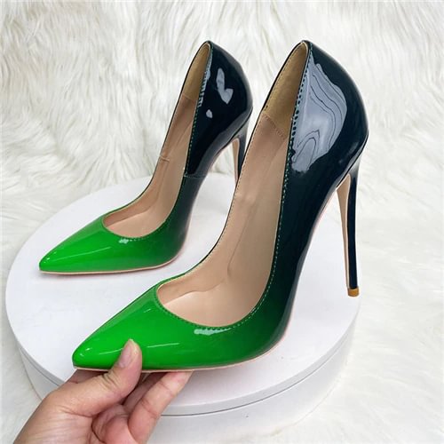 Zingj Green Gradient Color Women Pointy Toe Glossy Stiletto Pumps Sexy Ladies 12cm High Heel Party 10cm Shoes QP149 ROVICIYA
