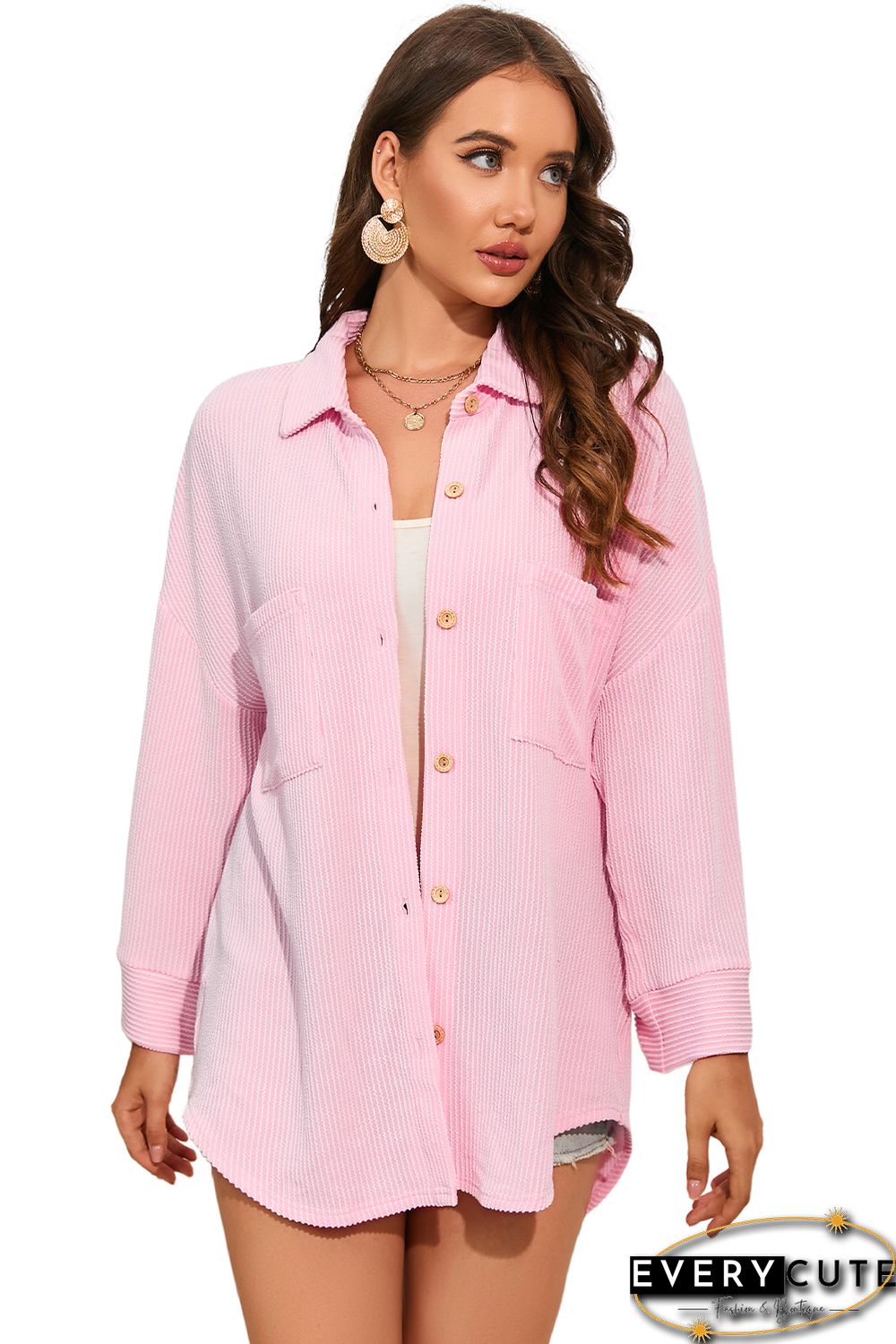 Pink Roll Tab Sleeve Ribbed Cording Shacket