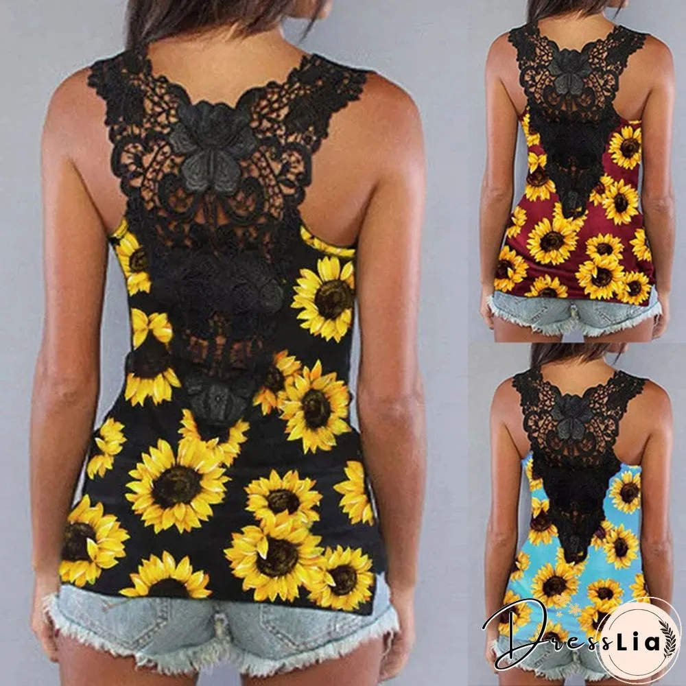 Women's Summer Sleeveless Sunflower Lace Splicing Open Back Tank Tops Casual Scoop Neck Shirt Tops Plus Size
