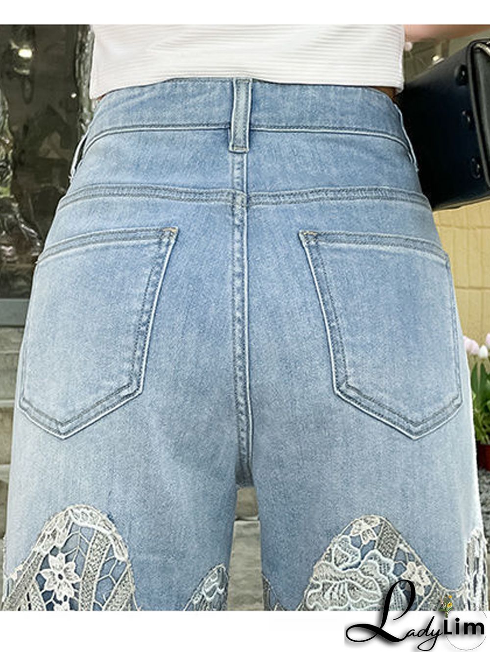 Daily Retro Floral Lace Patchwork Denim Straight Jeans