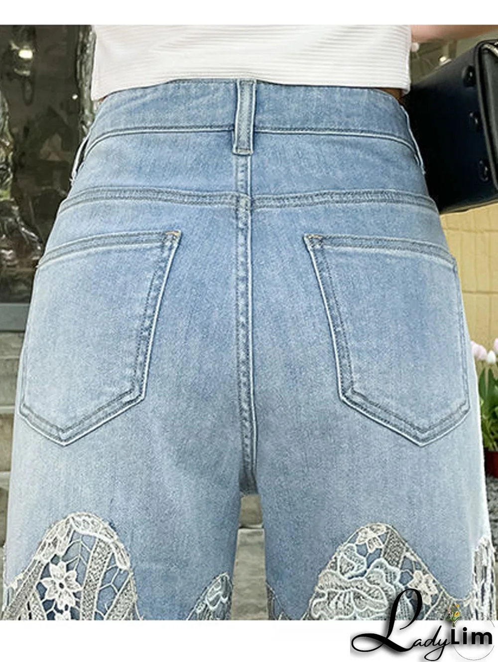 Daily Retro Floral Lace Patchwork Denim Straight Jeans
