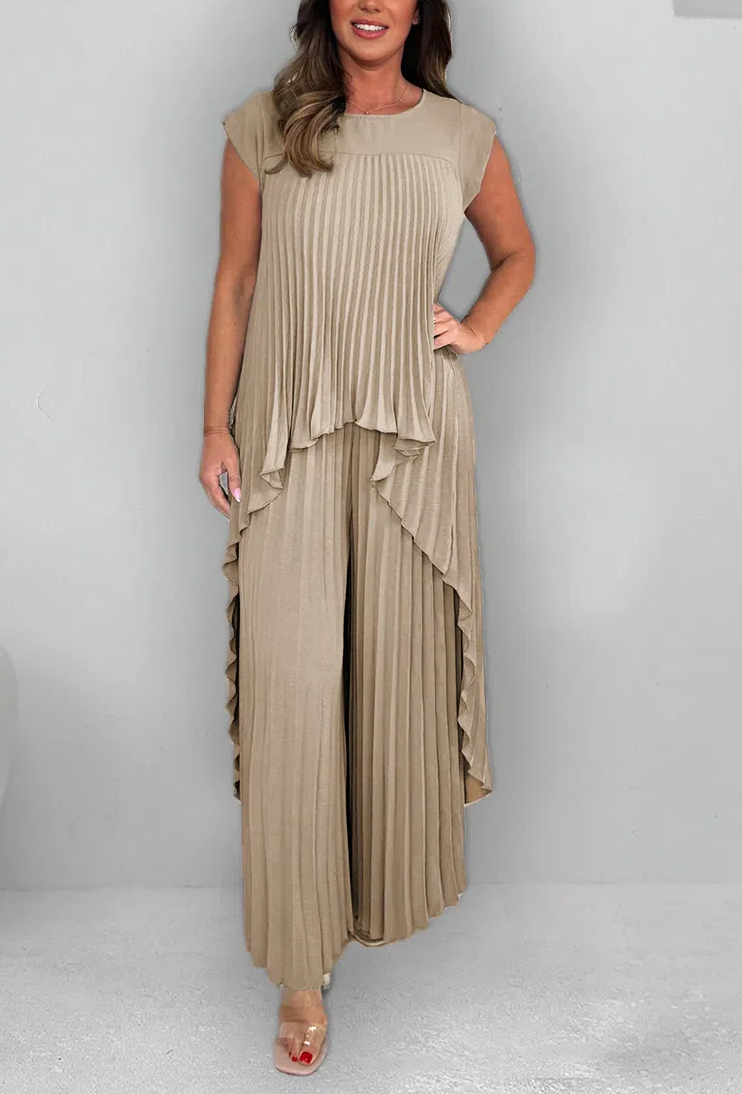 Women's Round Neck Splicing Pleated Irregular Casual Suit