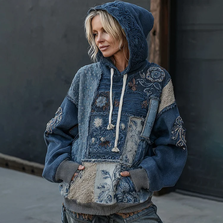Vintage Boho Floral Embroidered Patchwork Hoodie