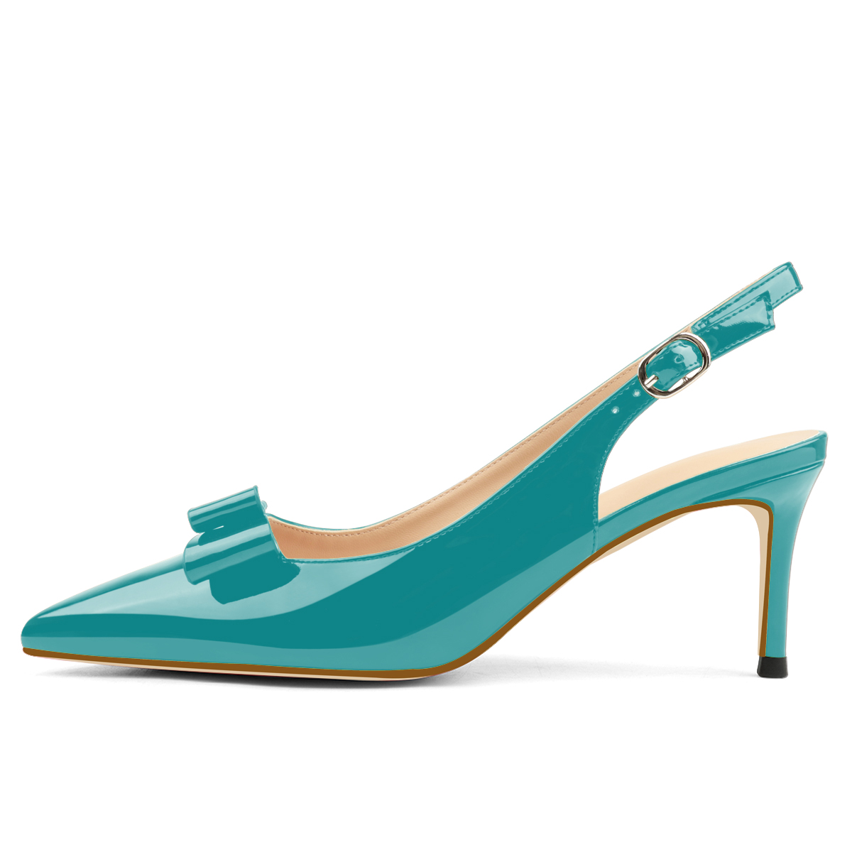 6.5cm /2.55 inch Pointed Toe Bows Slingback Buckle Pumps Kitten Patent Heels