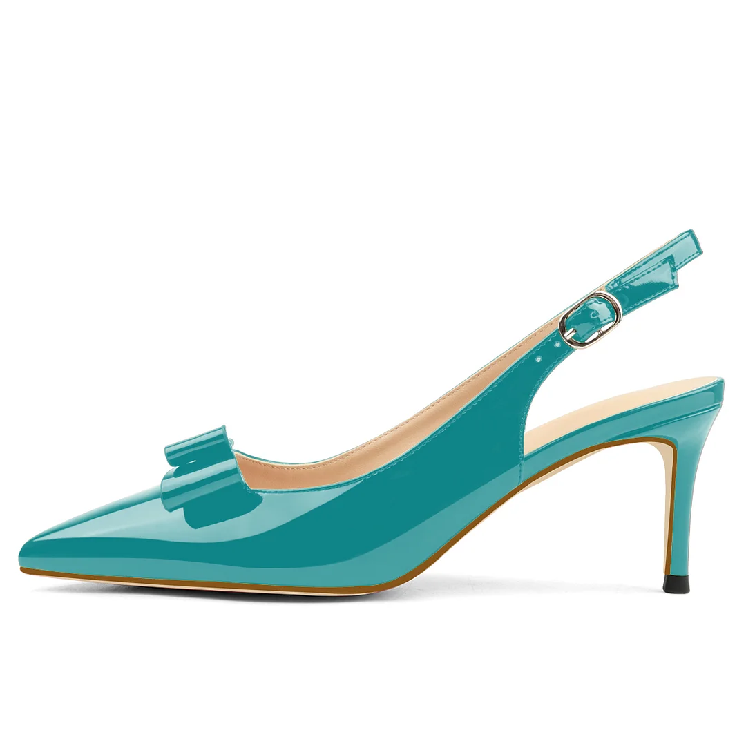 6.5cm /2.55 inch Pointed Toe Bows Slingback Buckle Pumps Kitten Patent Heels